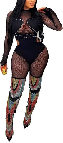 ThusFar Women Sexy See Through Sequins Jumpsuit Long Sleeve Mock Neck Mesh Sheer Cut Out Bodycon Romper Clubwear Outfit in Saudi Arabia