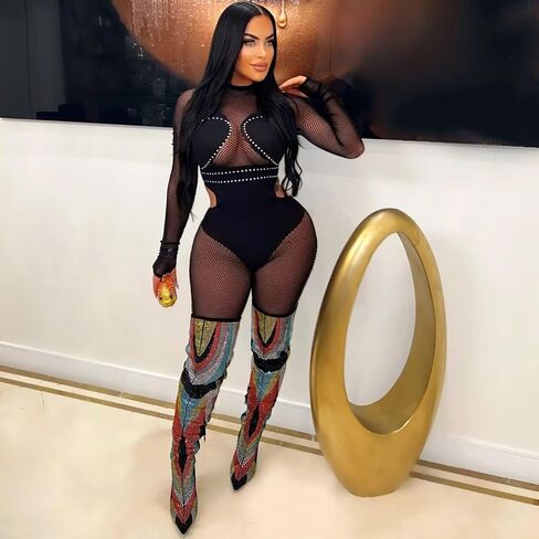 ThusFar Women Sexy See Through Sequins Jumpsuit Long Sleeve Mock Neck Mesh Sheer Cut Out Bodycon Romper Clubwear Outfit in Saudi Arabia