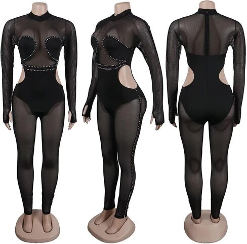 ThusFar Women Sexy See Through Sequins Jumpsuit Long Sleeve Mock Neck Mesh Sheer Cut Out Bodycon Romper Clubwear Outfit in Saudi Arabia