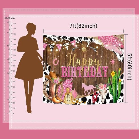 Mocsicka Western Cowgirl Birthday Backdrop for Girls Party Decorations Rustic Rodeo Boot & Horse Theme Photo Booth Background, Happy Birthday Banner Photo Booth Props (Pink, 7x5ft (82x60 inch)) in Kuwait