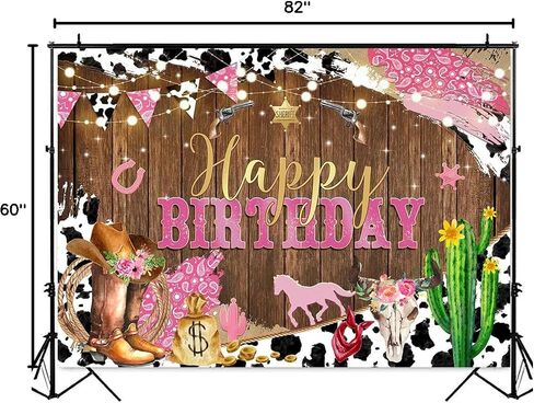Mocsicka Western Cowgirl Birthday Backdrop for Girls Party Decorations Rustic Rodeo Boot & Horse Theme Photo Booth Background, Happy Birthday Banner Photo Booth Props (Pink, 7x5ft (82x60 inch)) in Kuwait
