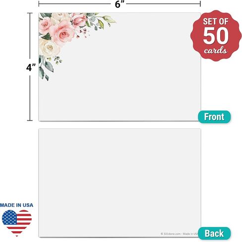 321Done Blank Red Floral Cards - 5x7 (Set of 50) Floral Corner Design Notecards, Plain Floral Cards - Thick Luxury Card Stock - Cute Pretty Red Pink Flowers on White - No Envelopes - Made in the USA in Kuwait