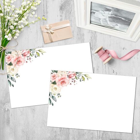 321Done Blank Red Floral Cards - 5x7 (Set of 50) Floral Corner Design Notecards, Plain Floral Cards - Thick Luxury Card Stock - Cute Pretty Red Pink Flowers on White - No Envelopes - Made in the USA in Kuwait