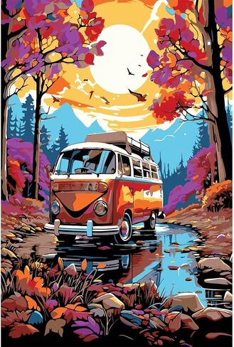 UNIQUORS Paint by Numbers for Adults, DIY Oil Painting Vintage Camper Trees Sunrise for Beginners, Paint by Number Kits for Home Decor Without Frame, 16x20 in in Saudi Arabia
