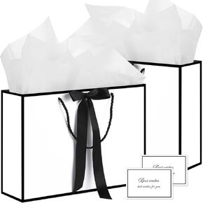 White Gift Bags with Handles, 14" Medium Gift Bags with Tissue Paper, 2 Pcs Gift Bags with 4 Tissue Paper and 2 Cards for Bridal Shower Wedding Birthday Party