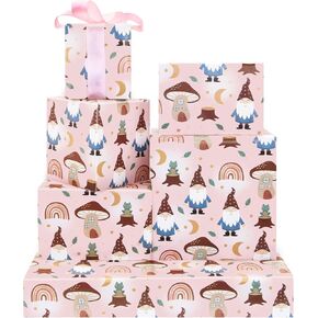 Mushroom Wrapping Paper Cute Gnome Frog Rainbow Mushroom House Pink Gift Wrap Paper, Forset Fairytale Art Paper Folded Flat with Pink Ribbow for Kids Birthday Baby Shower Party Gift Packing Decor