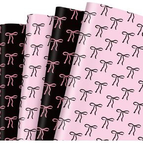 FYSUIMU 8 Sheets Pink Black Bow Wrapping Paper - Not Roll - Bowknot Coquette Gift Wrap Paper Folded Flat for DIY Crafts Birthday Baby Shower Bachelorette, 19.7 x 27.6 Inch