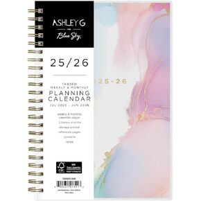 Blue Sky Ashley G 2025-2026 Weekly and Monthly Academic Year Planner Calendar, July 2025 - June 2026, 5" x 8", Flexible Cover, Wirebound, Laminated Tabs, Multi Color Smoke