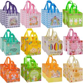 12PCS Easter Gift Bags Large Reusable Bunny Egg Easter Basket Tote Bags,Non-Woven Easter Treat Bags for Gifts Wrapping, Egg Hunt Game, Easter Party Supplies, 8.3×7.9×5.9inch