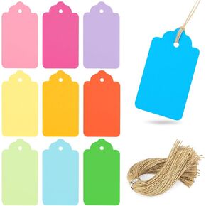 Koogel 100PCS Gift Tags with Strings(3.3 * 1.8inch), Kraft Paper Tags 10 Assorted Colors Hanging Labels for DIY Crafts Baby Shower Wedding Birthday Gift