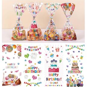 Totelux Happy Birthday Cellophane Gift Bags Clear Candy Bags Plastic Treat Goodies Bags with Ties for Cookies Gift Packaging Birthday Party Supplies 50PCS