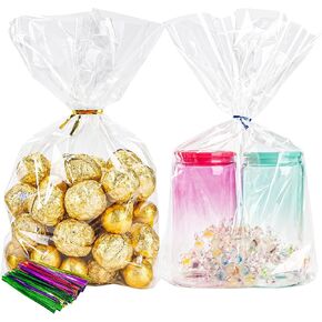 50 Pack Cellophane Bags, Clear Flat bottom Cellophane Treat Bags with 50 Pack Twist Ties for Candy Popcorn Cookie Small Gift Wrapping(6×9×2.4 Inches)