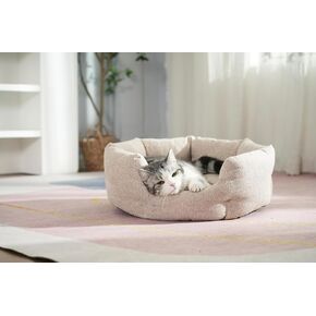 Good for All Reasons Faux Linen Fabric Shell-Shaped Cat Bed Soft Pet Beds for Indoor Cats Dogs,Easy Clean pet Bed Round Calming Pet Sofa(Beige) 23.6" L x 21.7" W x 8.7" Th
