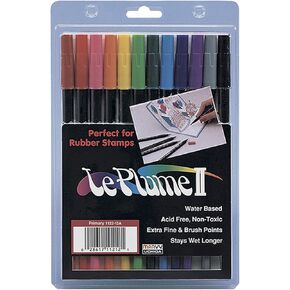 Uchida Of America Uchida 1122-12A Le Plume II Double-Ended Markers with Brush and Fine Tips, Primary, Set of 12