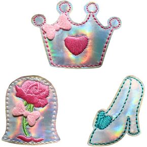 Princess Crown Rose High Heels Embroidered Iron On Patches 3 Pieces Set