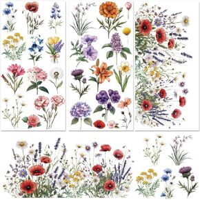 3 Sheets Flower Rub on Transfer Vintage Floral Rub on Transfers Vivid Flower Decal Stickers Durable Waterproof Redesign Furniture Sticker for Wood Furniture Wood Home Paper DIY Craft