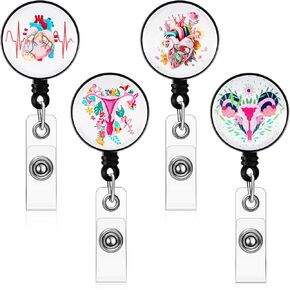 4 Pieces Uterus Badge Reel Floral Ovaries Retractable Delivery Ob Nurse Name Badge Holder Gifts for Nurse Docter Midwife(Cute Style)