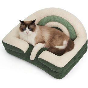 Blissful Diary Foam Cat Bed Small Size, Washable Pet Bed for Cats and Dogs, Soft Teddy Plush with Rainbow Design (Green)