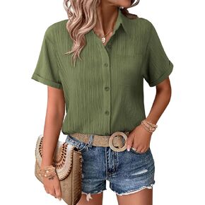 Zeagoo Womens Short Sleeve Button Down Shirt Casual Loose Fit Blouses Chest Pocket V Neck Collared Summer Tops