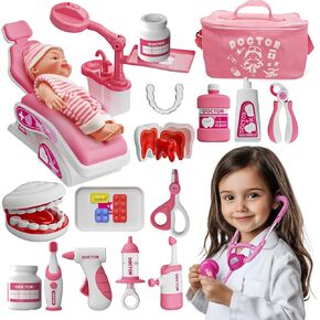 Toy Doctor Kit for Toddlers, Kids Dentist Play Set with Dentist Chair, Doll Toy, Stethoscope, Large Carrying Storage Bag, Dental Accessories, Pretend Doctor Play Medical Gift for Boys Girls(Green)