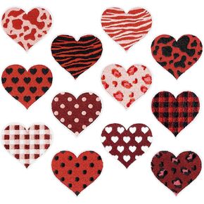 12Pcs Heart Iron on Patches Valentine's Day Sweet Love Buffalo Plaid Polka Dot Leopard Zebra Cow Print Sew on Repair Embroidered Applique DIY Craft Gift for Lover Couples Costume Clothing Backpack Hat