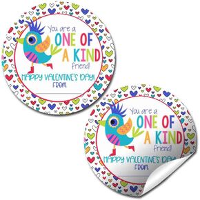 One of A Kind Cute Bird Themed Valentine Party Favor Sticker Labels for Kids, 40 2" Party Circle Stickers by AmandaCreation, Great for Classroom Valentines, Envelope Seals, Gifts & Treats