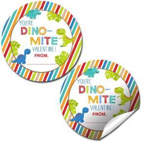 Dino-Mite Dinosaur Valentine Party Favor Sticker Labels for Boys, 40 2" Party Circle Stickers by AmandaCreation, Great for Classroom Valentines, Envelope Seals, Gifts & Treats