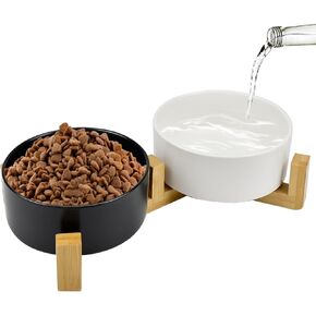 Ceramic Pet Bowl 5 Inch Double Cat Dish with Anti-Slip Wooden Stand Elevated Feeding Station for Food and Water Small Medium Cats and Puppies (14oz/2PCS)