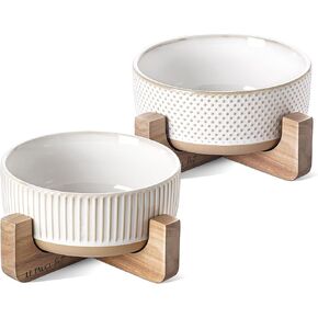 LE TAUCI PET Dog Bowl for Small Medium Size Dogs, 4 Cups Ceramic Dog Food Bowl, Dog Feeding Bowls with Wood Stand, Cute Pet Bowls, Dog Dishes, Set of 2, Lines+Dot