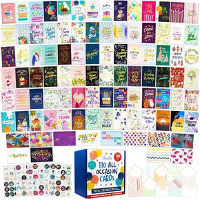 Decorably 110 Pack Gold Foiled & Glittery 5x7 Assorted Greeting Cards for All Occasions Box with Envelopes & Stickers, 110 Unique Designs All Occasion Cards with Envelopes with Printed Message Inside
