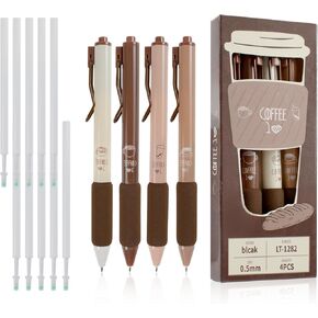 4pcs Cute Coffee Gel Ink Pens with 10pcs Replacement Refills, 0.5mm Fine Point Quick Dry Black Ink Pens with Soft Grip, Kawaii Retractable Ballpoint Pen for Office School Stationary Supplies