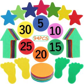 94 Pieces Carpet Markers with Styles of Star, Arrow, Circle, Footprint, Number, Colorful Floor Markers carpet Markers Carpet Circles Dots for Classroom, 8 Colors