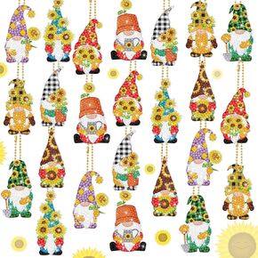 Outus 24 Pcs Sunflower Gnome Diamond Painting Keychains Farmhouse Gnome Double Sided 5d Diamond Key Chain Kit DIY Keychain Ornament for Beginners Adults DIY Pendant Summer Making
