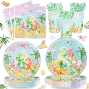 120pcs Dinosaur Party Plates and Napkins Set,Dinosaur Birthday Decorations Tableware for Dinosaur Themes Party Boys and Girls.Serves for 24