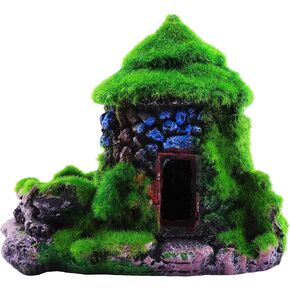 M2cbridge Aquarium Decorations Fish Hideout House Betta Cave with Green Lifelike Moss (Style 3)