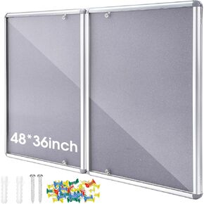 Enclosed Bulletin Board 48" x 36" Weather Resistant Lockable Enclosed Notice Cork Case Display Board Wall Mounted 2 Locking Door Aluminum Frame for School Classroom Commercial, 12 x A4(Brown)