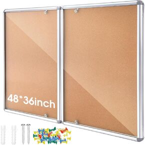 Enclosed Bulletin Board 48" x 36" Weather Resistant Lockable Enclosed Notice Cork Case Display Board Wall Mounted 2 Locking Door Aluminum Frame for School Classroom Commercial, 12 x A4(Brown)