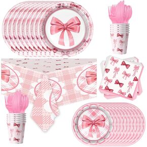 81Pcs Pink Bow Party Tableware Set,Girl Bow Theme Birthday Party Decortions, Coquette Birthday Party Bow Party Decorations for Bow Birthday Baby Shower Bridal Shower Bachelorette Party Decor