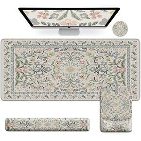 iCasso Desk Mat for Keyboard and Mouse,4 in 1 Floral Desk Pad+Ergonomic Mouse Pad Wrist Support+Keyboard Wrist Rest+Coaster Set, Large Gaming Mouse Pad with Stitched Edges for Home Office