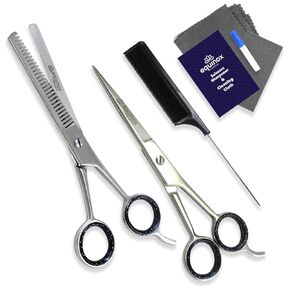 Equinox Dog Grooming Scissors & Deshedder - 7 in 1 Pet Grooming Scissors Set with undercoat brush - Curved Dog Scissors with safety tips - Includes Thinning & Rounded Shears - For dogs & cats