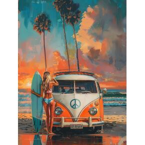 Beaudio Landscape Series Diamond Painting Kits for Adults - Car with Surfboard on Beach at Sunset Glow - DIY Round Full Drill 5D Diamond Art for Home Wall Decor (11.8x15.7inch)