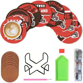 Bartogro 8 Pcs Diamond Painting Coasters Kit, DIY Football Diamond Art Coasters with Holder for Cleveland Adults Kids