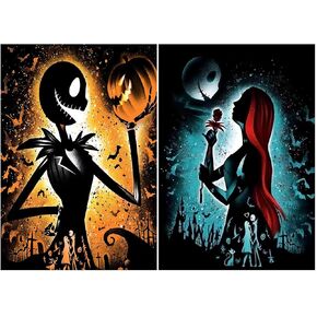 HONGJIE 2 Pack 5D DIY Diamond Art Painting by Number Kits Halloween Jack and Sally 12x16 Inch forRound Full Drill Rhinestone Cross Stitch Mosaic Art for Home Wall Decoration and Gift Option.