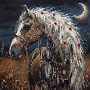 American Native Indian War Horse Moon 5D Diamond Art Painting by Number Kits for Adults DIY Paint with Full Drill Round Diamond Gems Painting Art Craft for Home Wall Decor 13.8x13.8in
