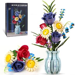 مجموعة باقة الزهور مع مزهرية ، 787 PCS Roses Sunflower Botanical Collection for Home Decor ، متوافق مع زهور Lego ، هدايا عيد الأم الفريدة للبالغين للنساء