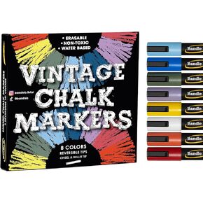 Chalk Markers - 8 Vintage, Erasable, Non-Toxic, Water-Based, Reversible Tips, For Kids and Grown-Ups for Glass or Chalkboard Markers for Businesses, Restaurants, (Vintage/Pastel 6mm)