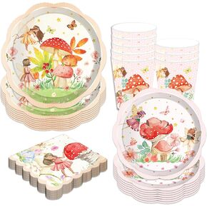 44 Pcs Elf Mushroom Party Plates,Napkins,Cups,Disposable Party Tableware Set for Birthday, Baby Shower, Wedding, Modern Square Design, Red Mushroom Pattern, All Seasons