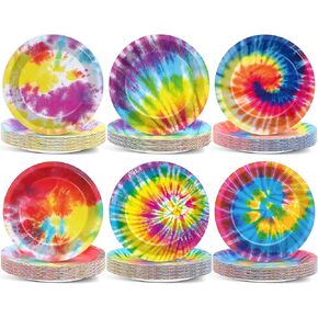 72PCS Tie Dye Plates Birthday Party Supplies Rainbow Tie Dye Party Decorations Colorful Tableware Set 7in Disposable Dessert Paper Plates for 60s 70s Theme Hippie Carnival New Year Holiday Party Favor