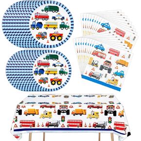 Traffic Cars Trucks Transportation Party Supplies Cars Paper Plates, Napkins, Tablecloth Transport Vehicle Theme Tableware Set Birthday Party Decorations for Boys Kids | Serves 20