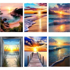 6 Pack Diamond Painting Kits for Adults Beginner, 5D Beach Diamond Art Sets, DIY Full Round Drill Sunrise Paint with Diamond Gem Art Multi-Pack, Easy Adults Diamond Dots for Wall Decor 12 x 16 Inch